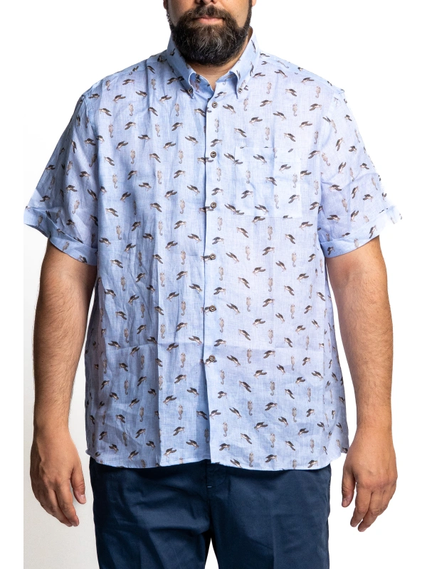 PLUS SIZE LINEN BLEND SHIRT WITH SEA PATTERN, SHORT SLEEVES