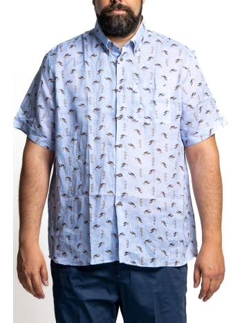 PLUS SIZE LINEN BLEND SHIRT WITH SEA PATTERN, SHORT SLEEVES