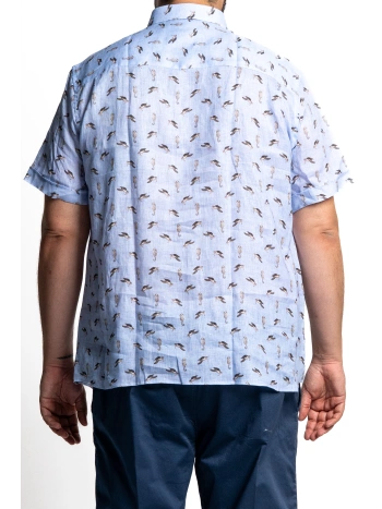 PLUS SIZE LINEN BLEND SHIRT WITH SEA PATTERN, SHORT SLEEVES
