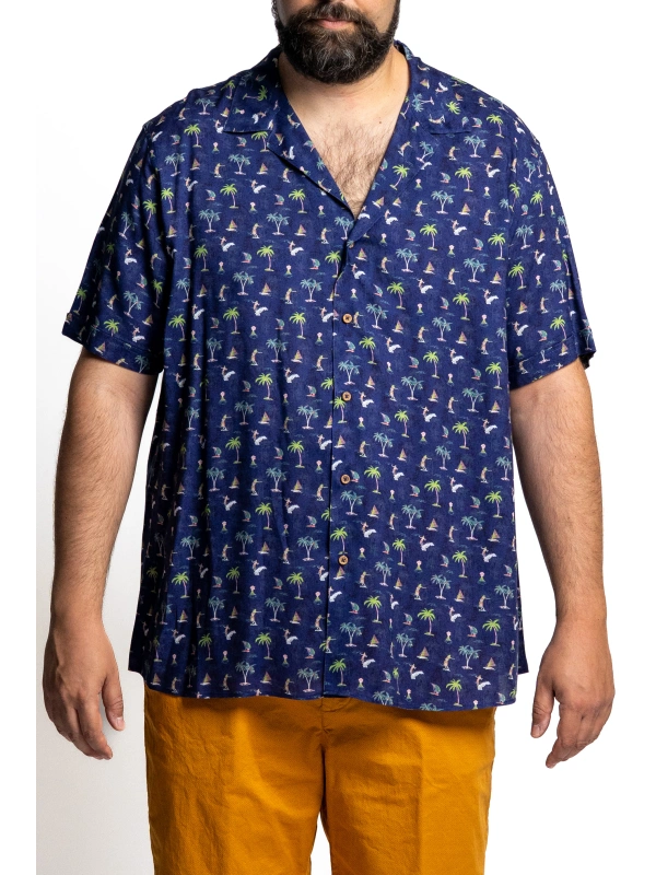PLUS SIZE VISCOSE SHIRT WITH BOWLING COLLAR AND TROPICAL PATTERN