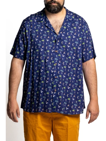 PLUS SIZE VISCOSE SHIRT WITH BOWLING COLLAR AND TROPICAL PATTERN
