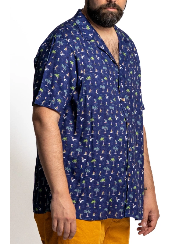 PLUS SIZE VISCOSE SHIRT WITH BOWLING COLLAR AND TROPICAL PATTERN