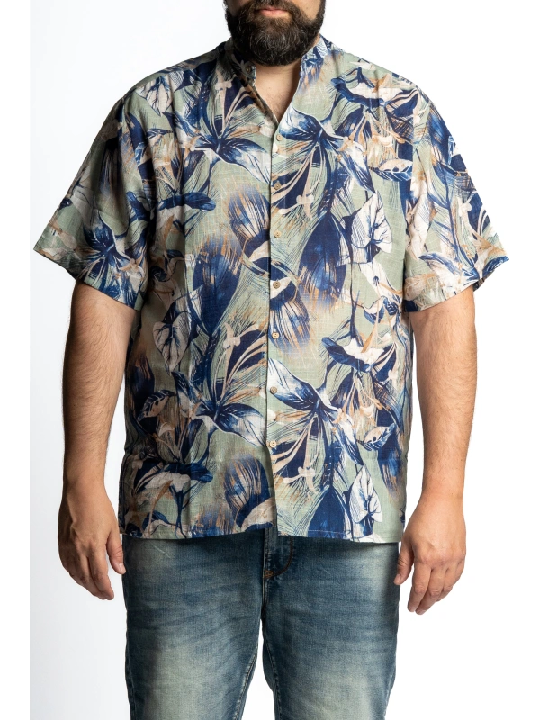 MAXFORT PLUS SIZE SHIRT WITH TROPICAL PATTERN AND KOREAN COLLAR