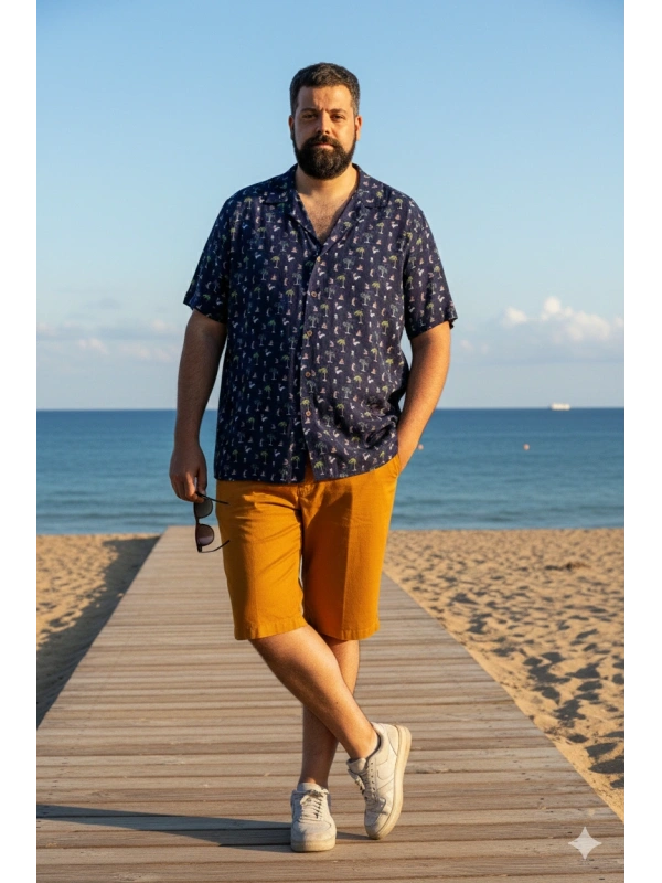 PLUS SIZE VISCOSE SHIRT WITH BOWLING COLLAR AND TROPICAL PATTERN