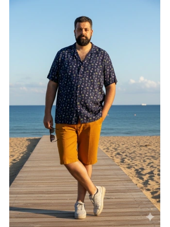 PLUS SIZE VISCOSE SHIRT WITH BOWLING COLLAR AND TROPICAL PATTERN