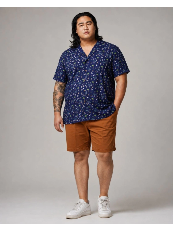 PLUS SIZE VISCOSE SHIRT WITH BOWLING COLLAR AND TROPICAL PATTERN